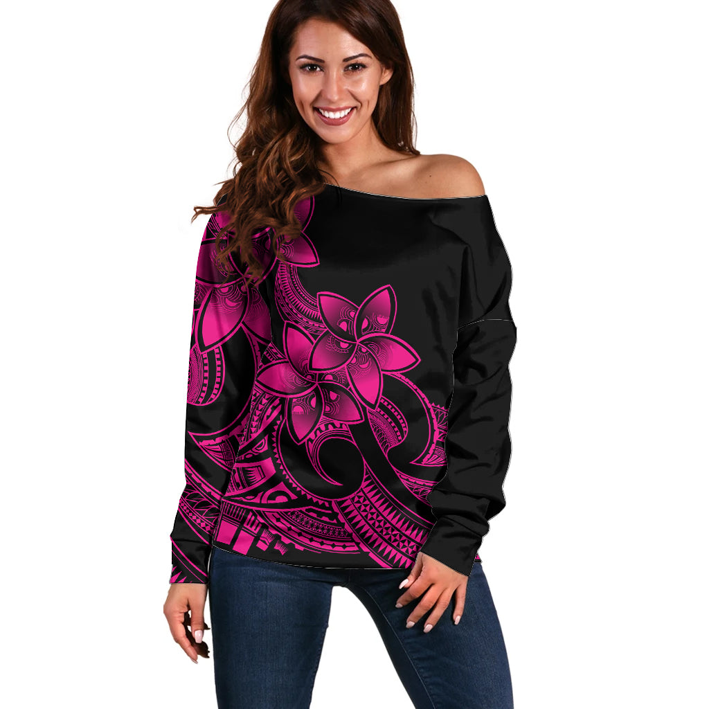 Polynesian Pride Plumeria Flowers Off Shoulder Sweater Polynesian Tribal Pink Vibe - Wonder Print Shop
