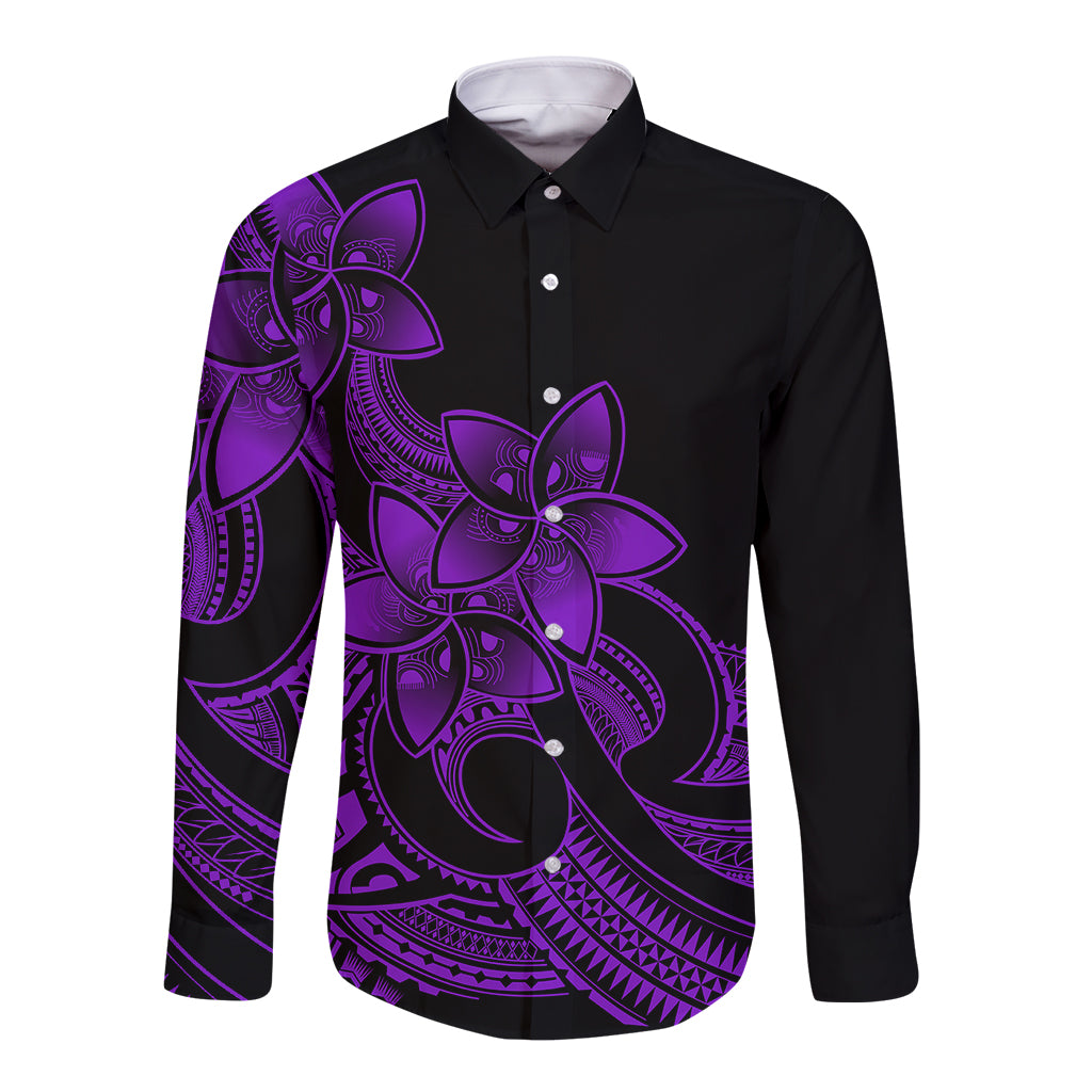Polynesian Pride Plumeria Flowers Long Sleeve Button Shirt Polynesian Tribal Purple Vibe - Wonder Print Shop