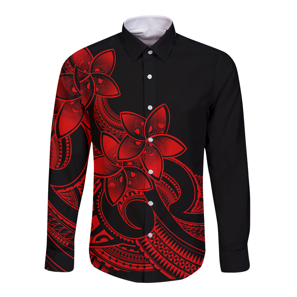 Polynesian Pride Plumeria Flowers Long Sleeve Button Shirt Polynesian Tribal Red Vibe - Wonder Print Shop