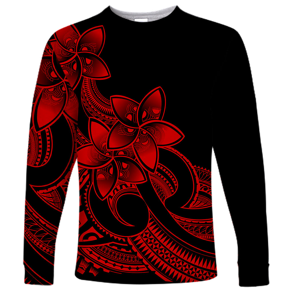 Polynesian Pride Plumeria Flowers Long Sleeve Shirt Polynesian Tribal Red Vibe - Wonder Print Shop