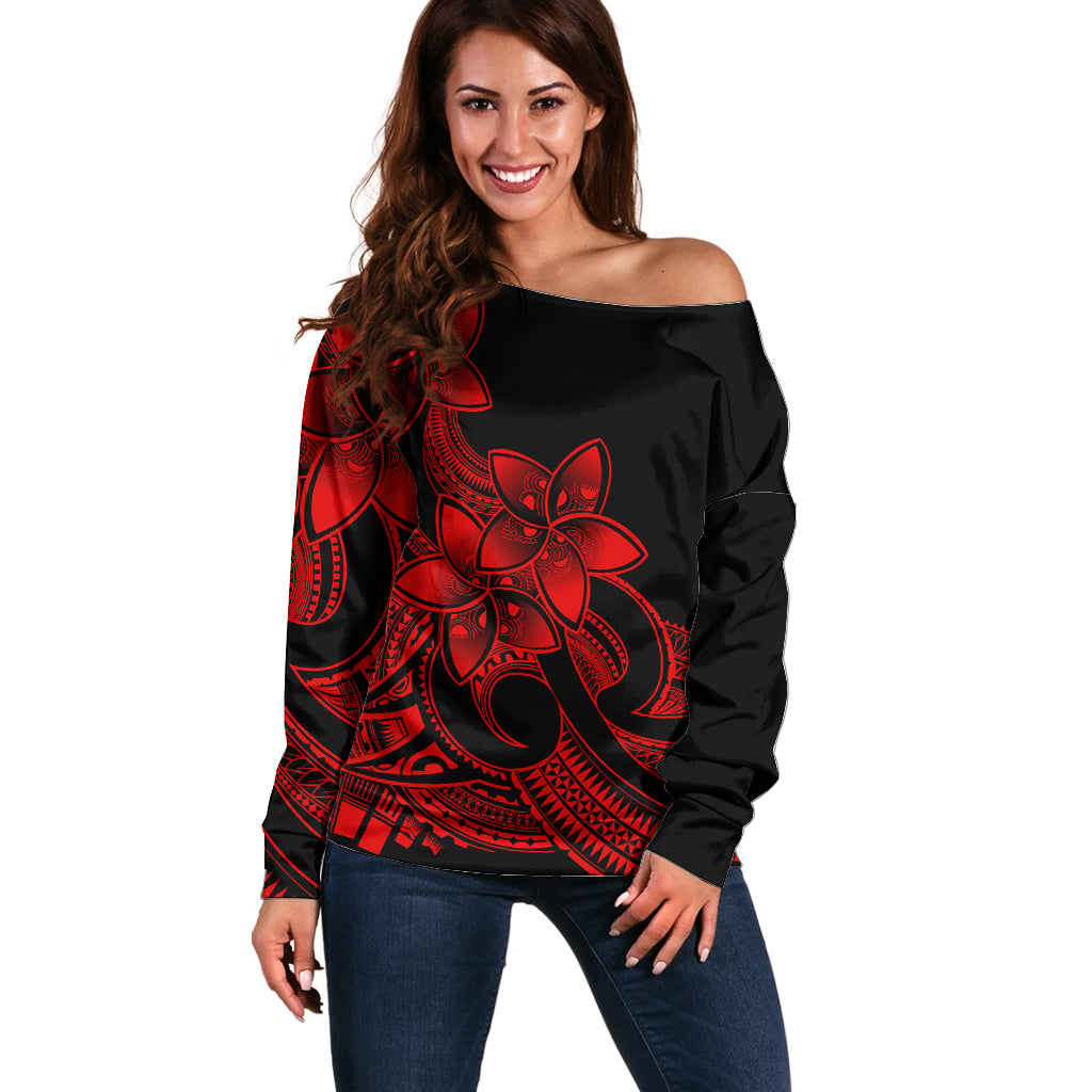 Polynesian Pride Plumeria Flowers Off Shoulder Sweater Polynesian Tribal Red Vibe - Wonder Print Shop