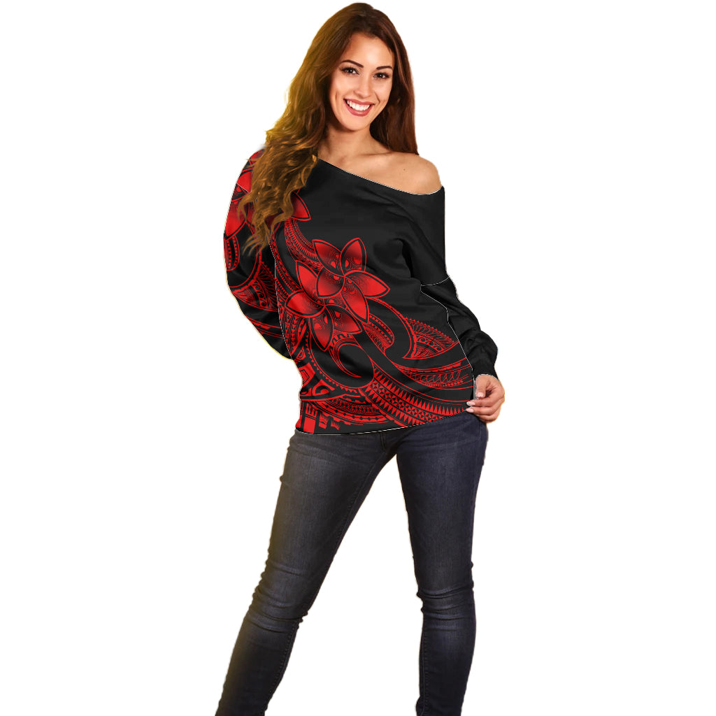 Polynesian Pride Plumeria Flowers Off Shoulder Sweater Polynesian Tribal Red Vibe - Wonder Print Shop