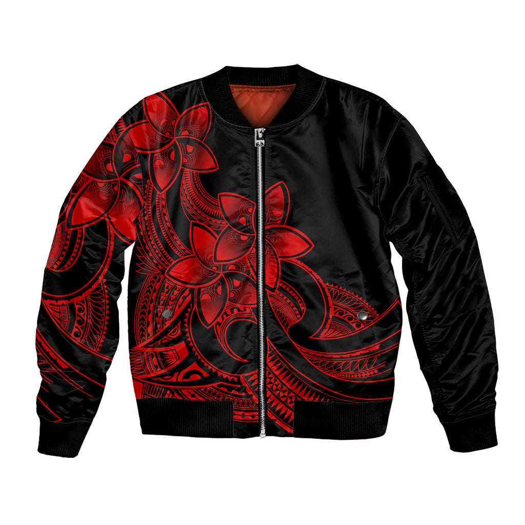 Polynesian Pride Plumeria Flowers Sleeve Zip Bomber Jacket Polynesian Tribal Red Vibe - Wonder Print Shop