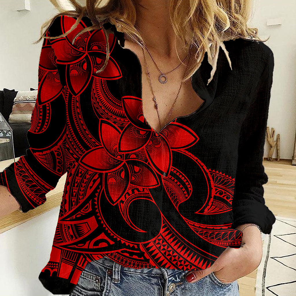 Polynesian Pride Plumeria Flowers Women Casual Shirt Polynesian Tribal Red Vibe - Wonder Print Shop