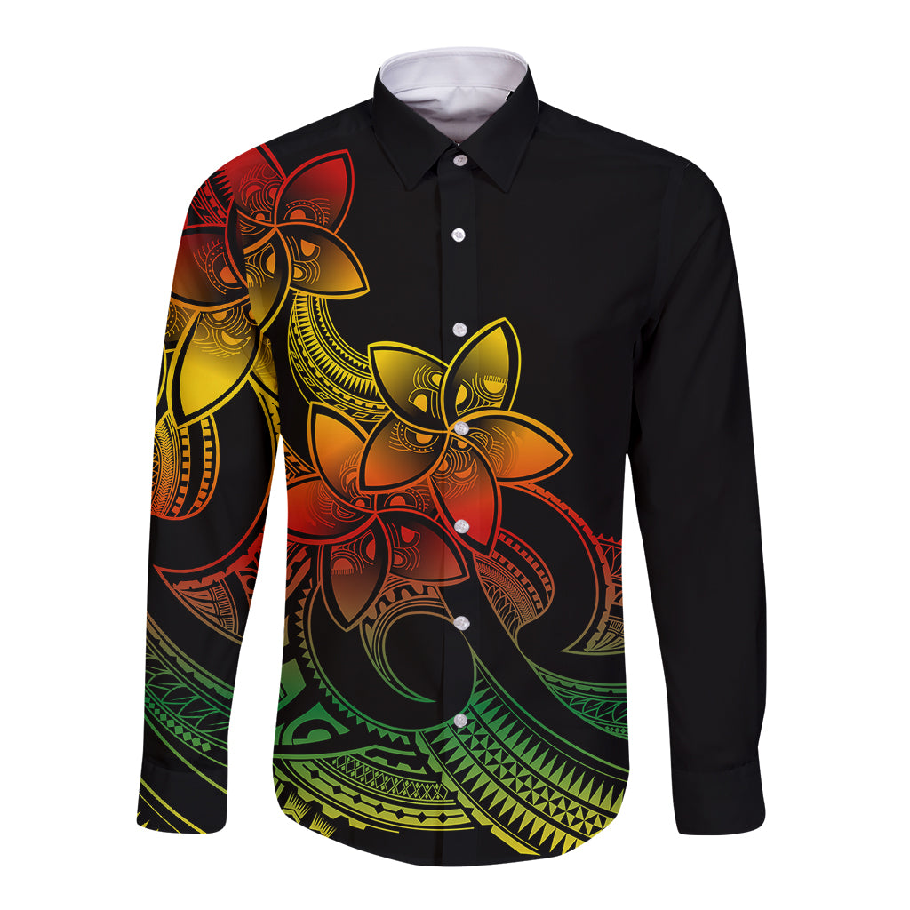 Polynesian Pride Plumeria Flowers Long Sleeve Button Shirt Polynesian Tribal Reggae Vibe - Wonder Print Shop