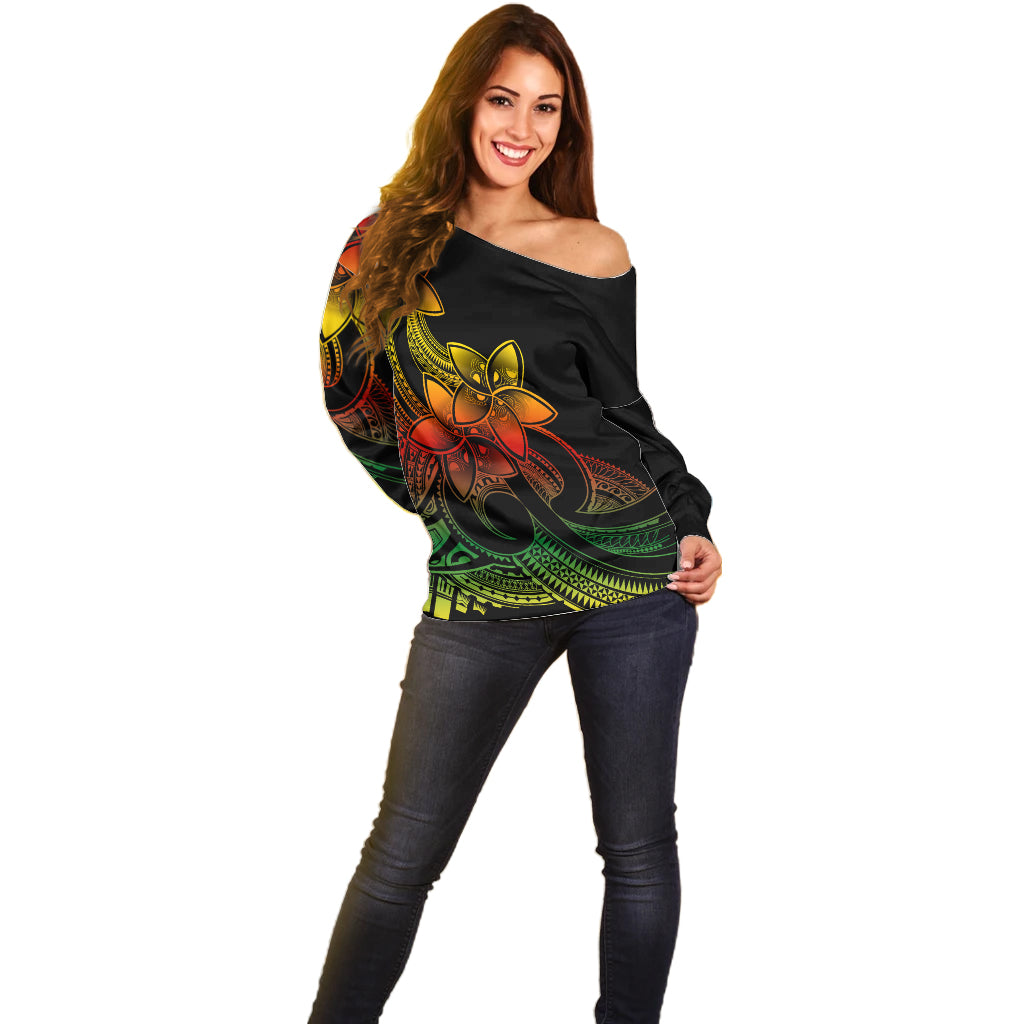 Polynesian Pride Plumeria Flowers Off Shoulder Sweater Polynesian Tribal Reggae Vibe - Wonder Print Shop