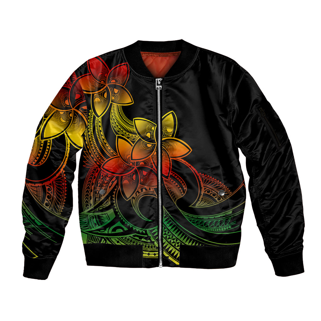 Polynesian Pride Plumeria Flowers Sleeve Zip Bomber Jacket Polynesian Tribal Reggae Vibe - Wonder Print Shop