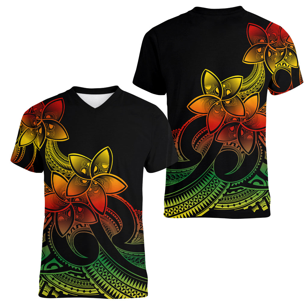 Polynesian Pride Plumeria Flowers Women V Neck T Shirt Polynesian Tribal Reggae Vibe - Wonder Print Shop