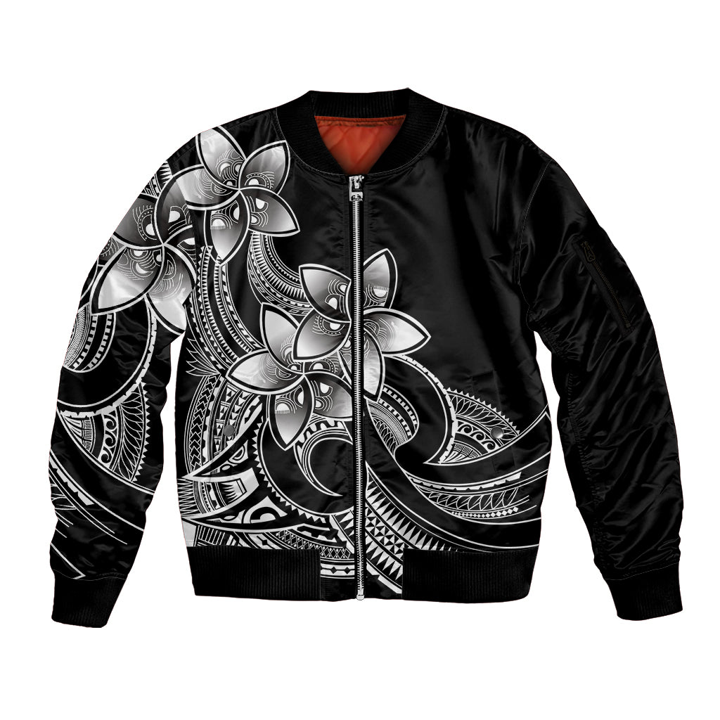 Polynesian Pride Plumeria Flowers Sleeve Zip Bomber Jacket Polynesian Tribal White Vibe - Wonder Print Shop