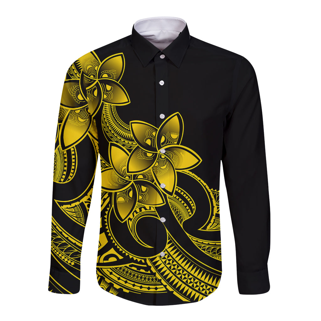 Polynesian Pride Plumeria Flowers Long Sleeve Button Shirt Polynesian Tribal Yellow Vibe - Wonder Print Shop