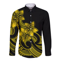 Polynesian Pride Plumeria Flowers Long Sleeve Button Shirt Polynesian Tribal Yellow Vibe - Wonder Print Shop