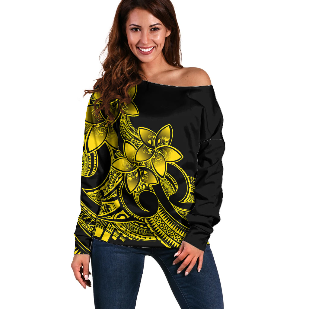 Polynesian Pride Plumeria Flowers Off Shoulder Sweater Polynesian Tribal Yellow Vibe - Wonder Print Shop
