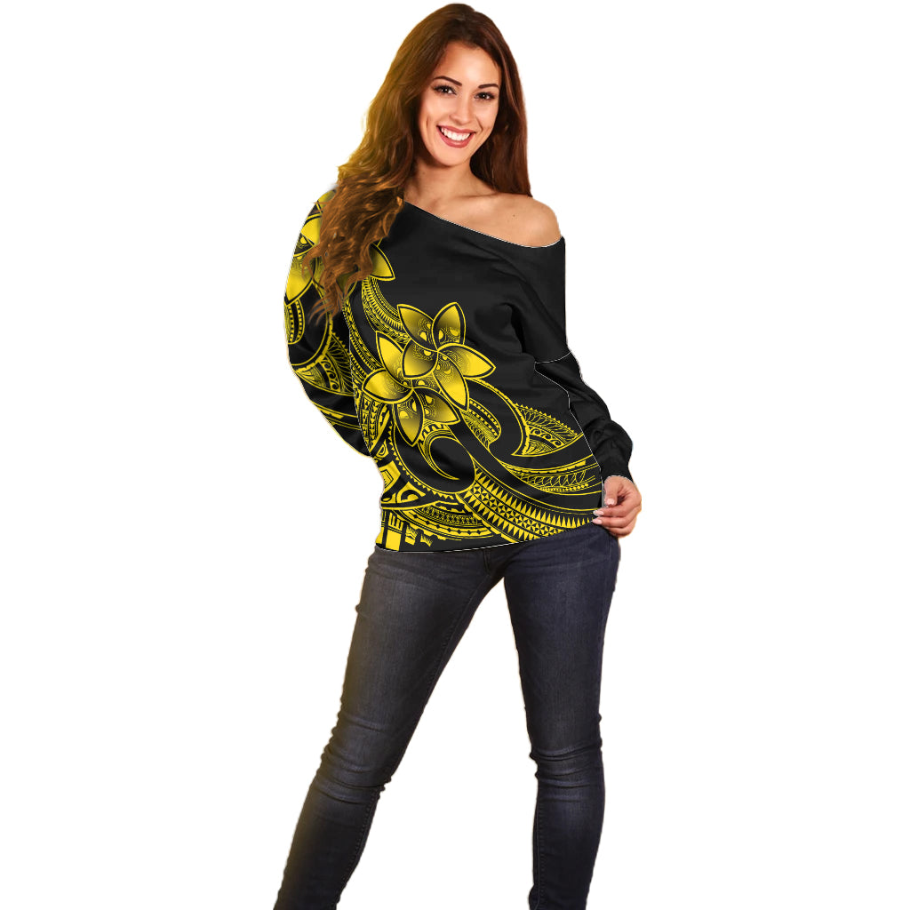 Polynesian Pride Plumeria Flowers Off Shoulder Sweater Polynesian Tribal Yellow Vibe - Wonder Print Shop