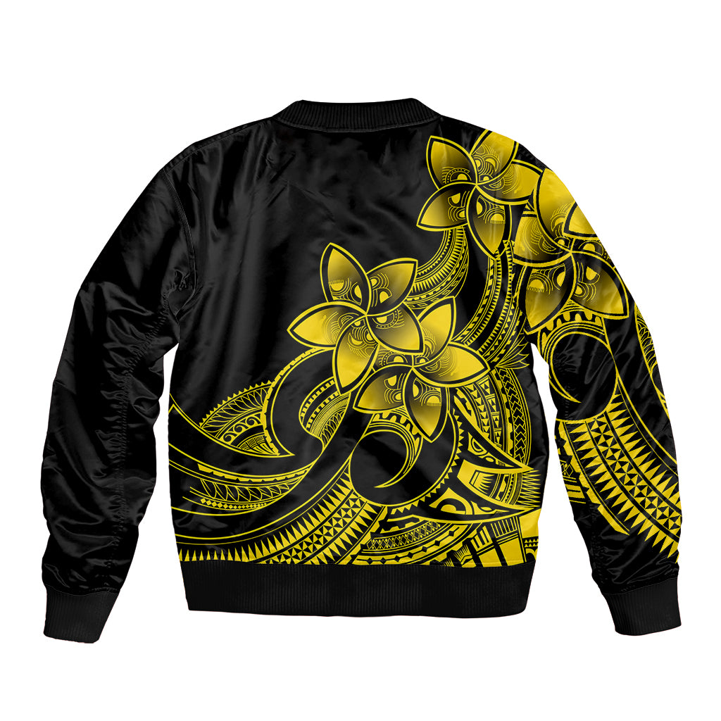 Polynesian Pride Plumeria Flowers Sleeve Zip Bomber Jacket Polynesian Tribal Yellow Vibe - Wonder Print Shop