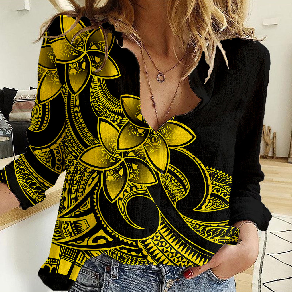 Polynesian Pride Plumeria Flowers Women Casual Shirt Polynesian Tribal Yellow Vibe - Wonder Print Shop