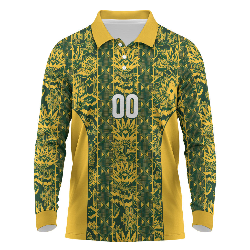 South Africa Indebe Yomhlaba Custom Long Sleeve Polo Shirt Ndebele Art Gold Edition