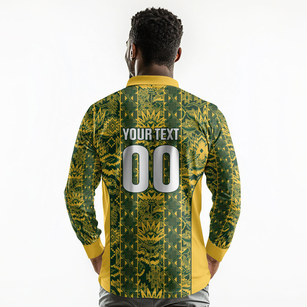 South Africa Indebe Yomhlaba Custom Long Sleeve Polo Shirt Ndebele Art Gold Edition