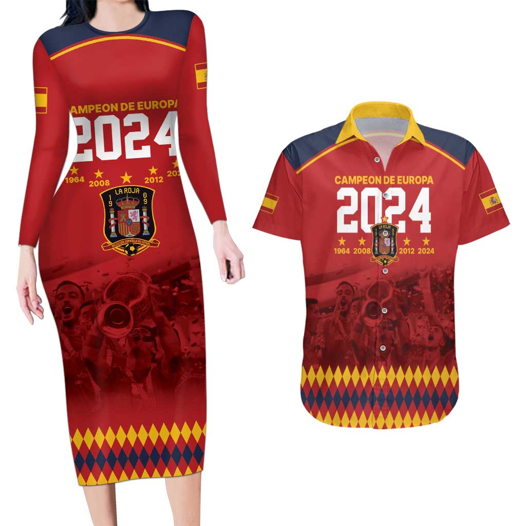 Custom Espana Campeon De Europa Couples Matching Long Sleeve Bodycon Dress and Hawaiian Shirt Spain History Champions LT9 - Wonder Print Shop