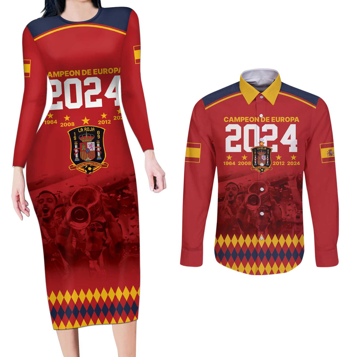 Custom Espana Campeon De Europa Couples Matching Long Sleeve Bodycon Dress and Long Sleeve Button Shirt Spain History Champions LT9 - Wonder Print Shop