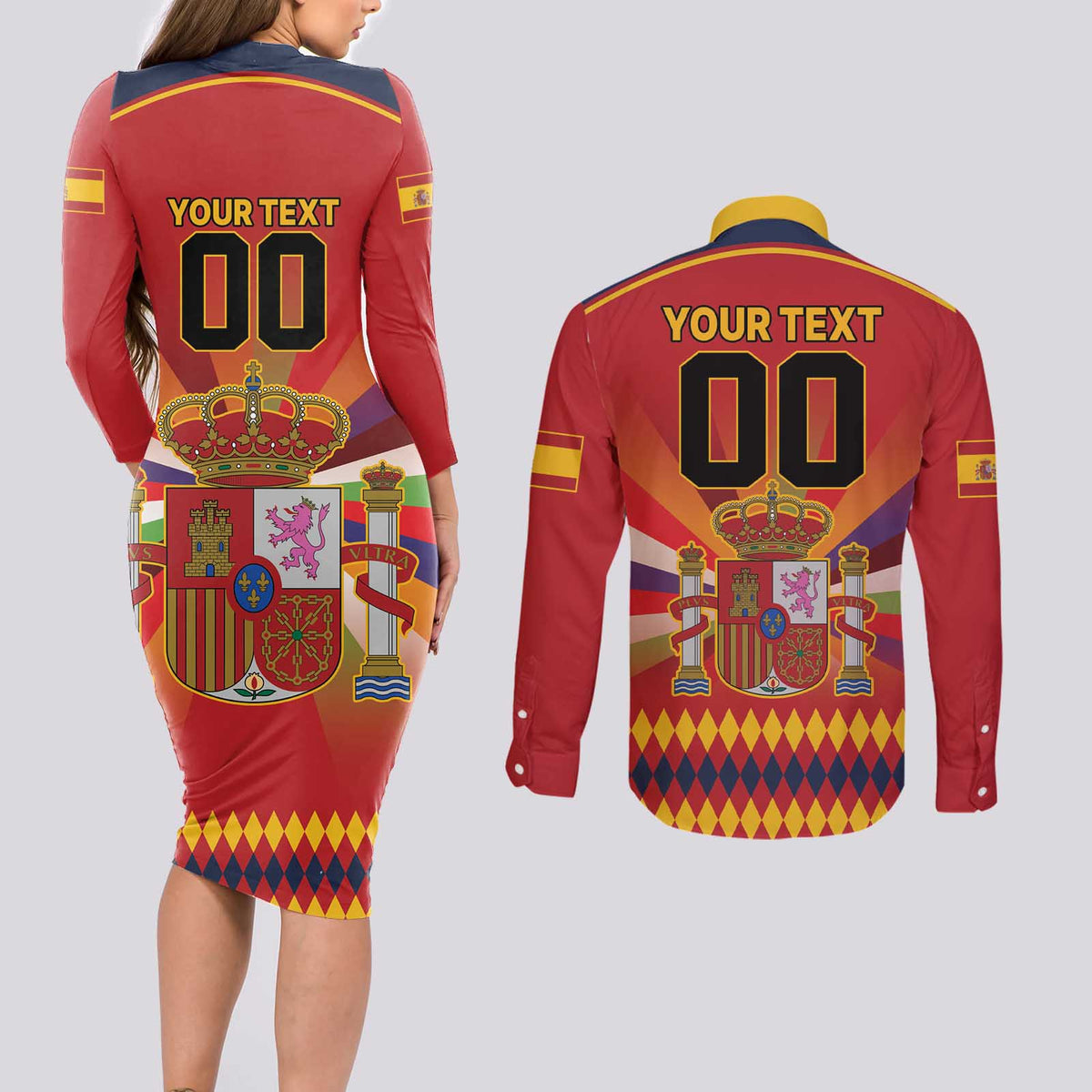 Custom Espana Campeon De Europa Couples Matching Long Sleeve Bodycon Dress and Long Sleeve Button Shirt Spain History Champions LT9 - Wonder Print Shop