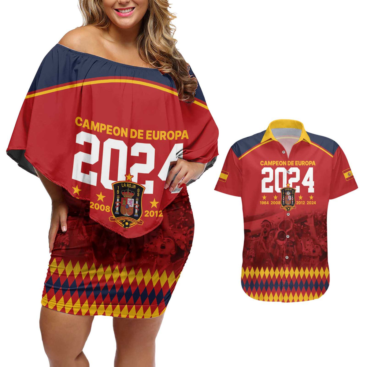 Custom Espana Campeon De Europa Couples Matching Off Shoulder Short Dress and Hawaiian Shirt Spain History Champions LT9 - Wonder Print Shop