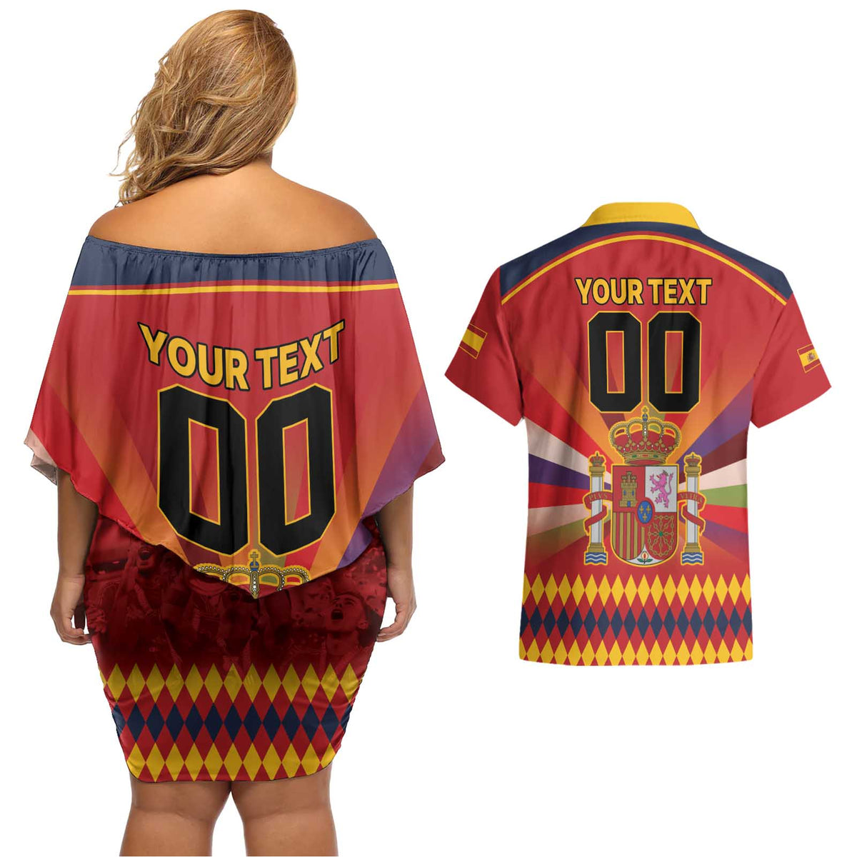 Custom Espana Campeon De Europa Couples Matching Off Shoulder Short Dress and Hawaiian Shirt Spain History Champions LT9 - Wonder Print Shop