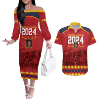 Custom Espana Campeon De Europa Couples Matching Off The Shoulder Long Sleeve Dress and Hawaiian Shirt Spain History Champions LT9 - Wonder Print Shop