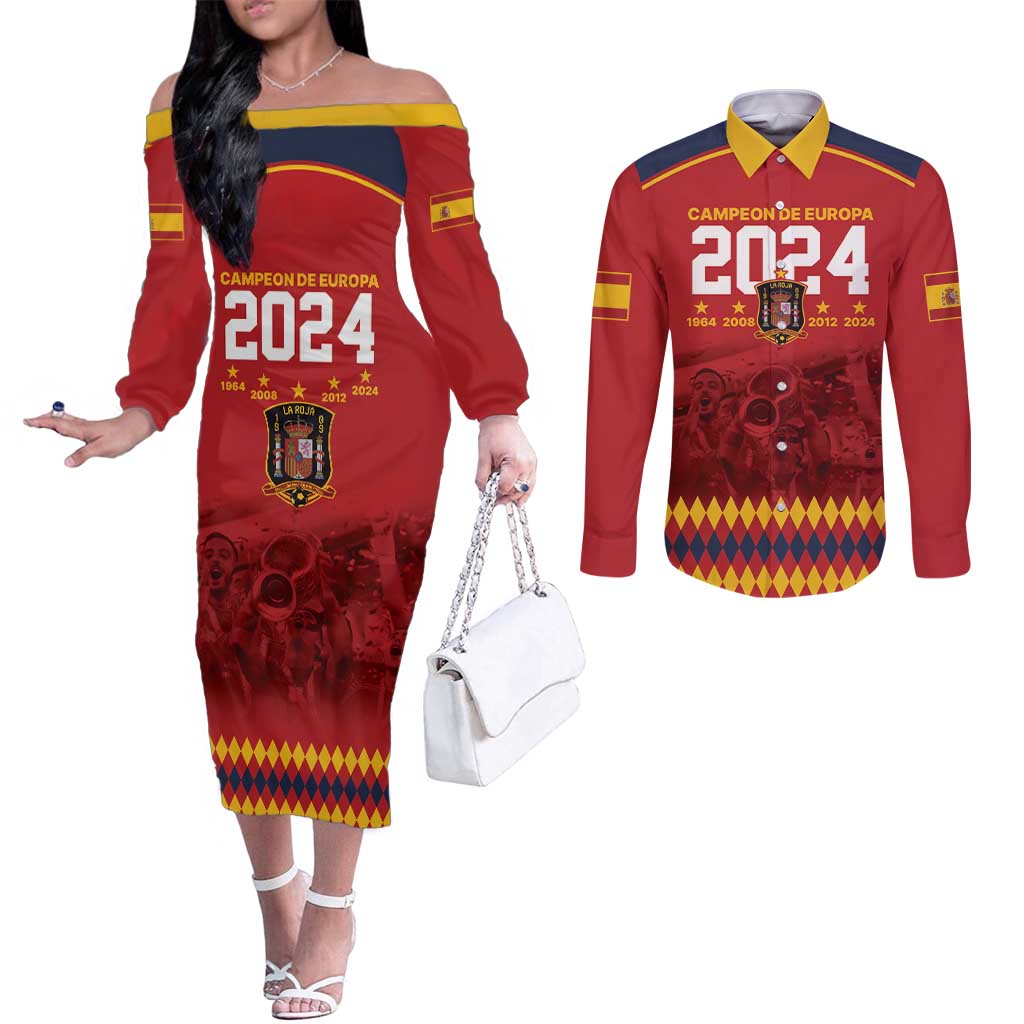 Custom Espana Campeon De Europa Couples Matching Off The Shoulder Long Sleeve Dress and Long Sleeve Button Shirt Spain History Champions