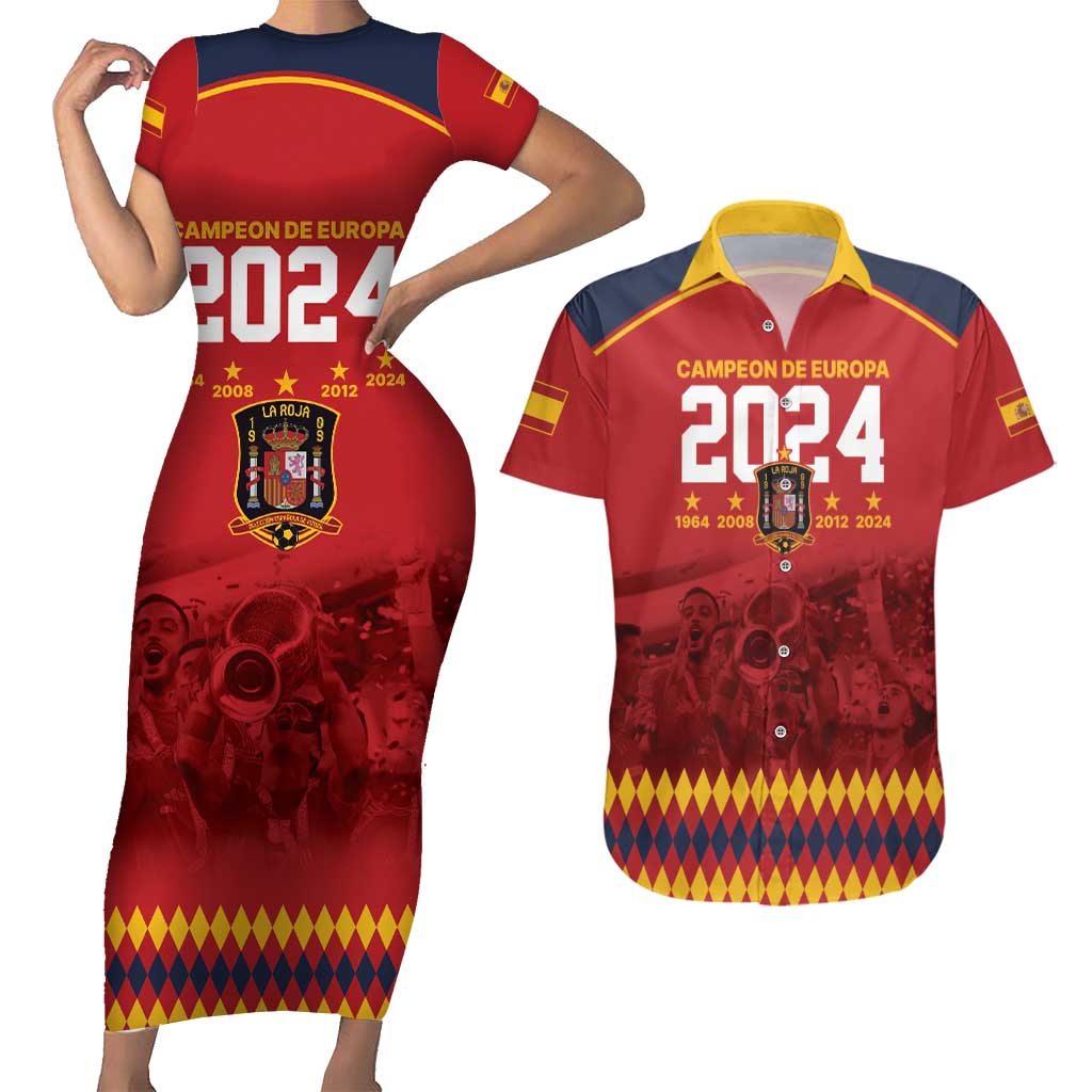 Custom Espana Campeon De Europa Couples Matching Short Sleeve Bodycon Dress and Hawaiian Shirt Spain History Champions LT9 - Wonder Print Shop