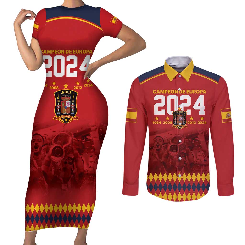 Custom Espana Campeon De Europa Couples Matching Short Sleeve Bodycon Dress and Long Sleeve Button Shirt Spain History Champions LT9 - Wonder Print Shop