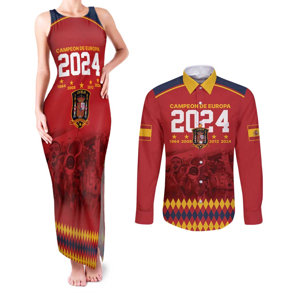 Custom Espana Campeon De Europa Couples Matching Tank Maxi Dress and Long Sleeve Button Shirt Spain History Champions LT9 - Wonder Print Shop