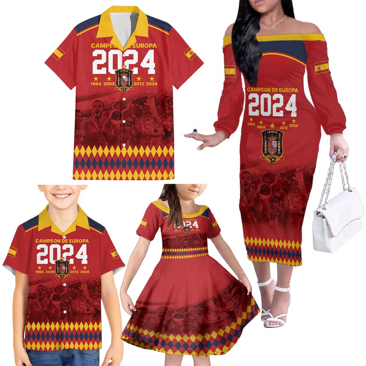 Custom Espana Campeon De Europa Family Matching Off The Shoulder Long Sleeve Dress and Hawaiian Shirt Spain History Champions - Wonder Print Shop