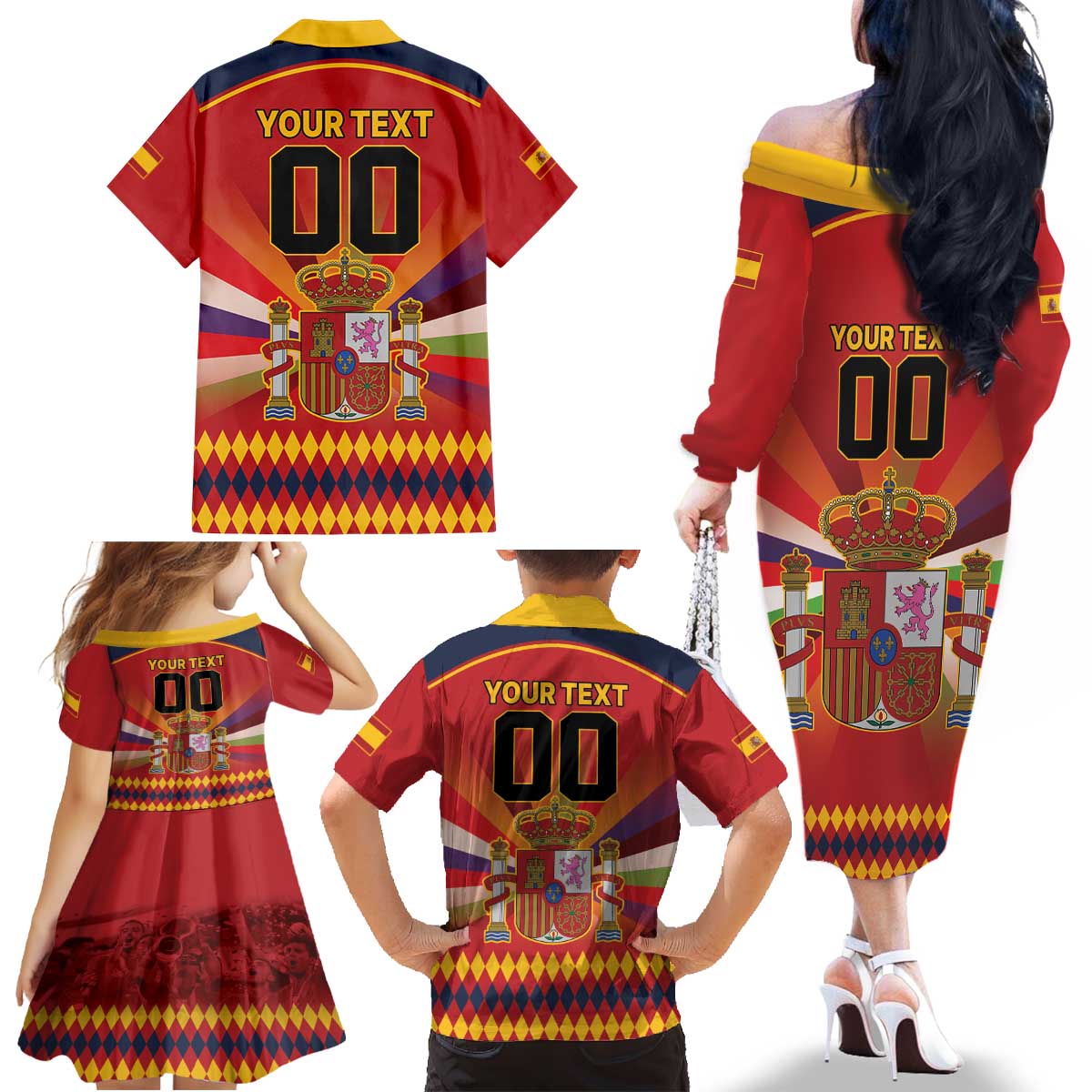 Custom Espana Campeon De Europa Family Matching Off The Shoulder Long Sleeve Dress and Hawaiian Shirt Spain History Champions - Wonder Print Shop