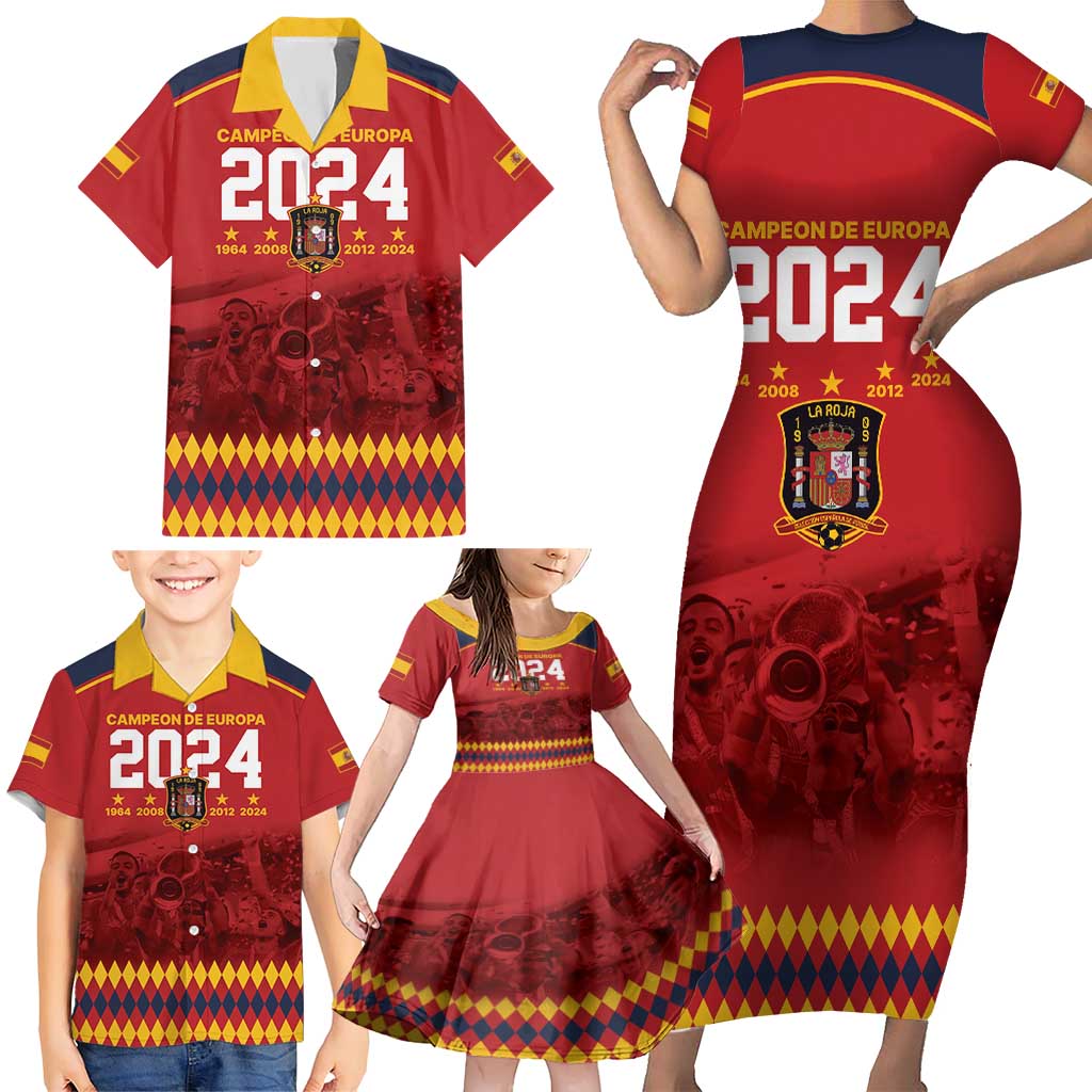 Custom Espana Campeon De Europa Family Matching Short Sleeve Bodycon Dress and Hawaiian Shirt Spain History Champions - Wonder Print Shop