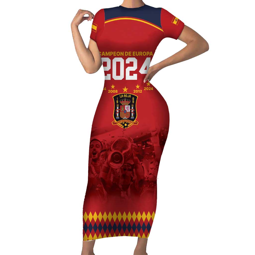 Custom Espana Campeon De Europa Family Matching Short Sleeve Bodycon Dress and Hawaiian Shirt Spain History Champions - Wonder Print Shop