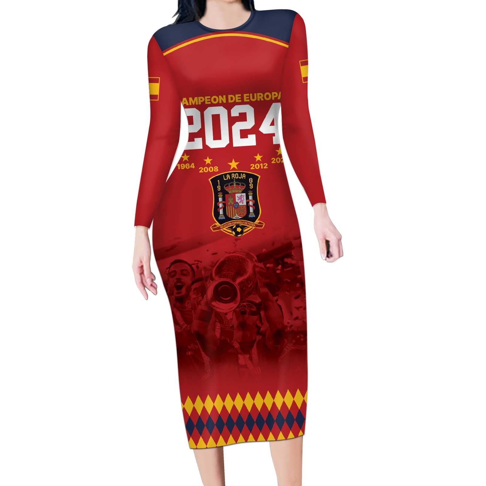 Custom Espana Campeon De Europa Long Sleeve Bodycon Dress Spain History Champions - Wonder Print Shop