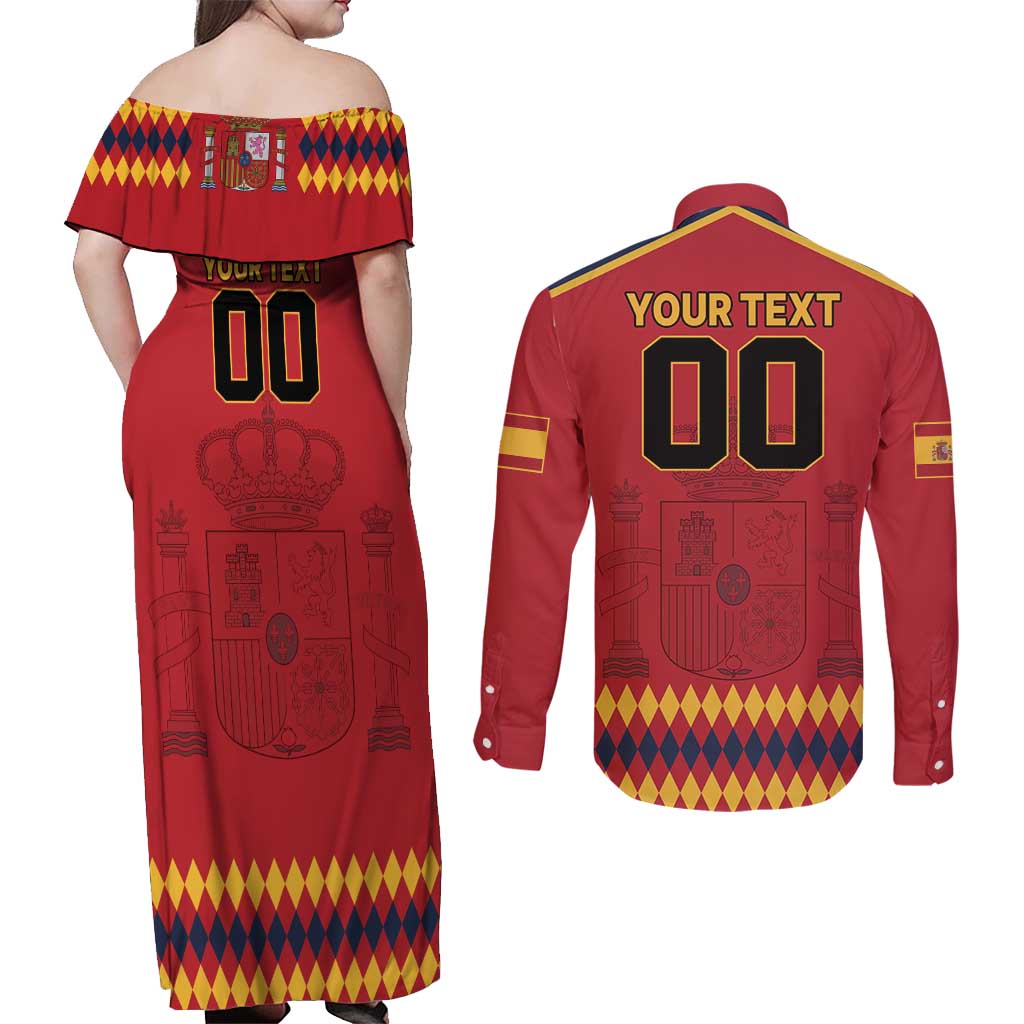 Custom Spain Euro 2024 Champions Couples Matching Off Shoulder Maxi Dress and Long Sleeve Button Shirt La Roja Campeon De Europa LT9 - Wonder Print Shop