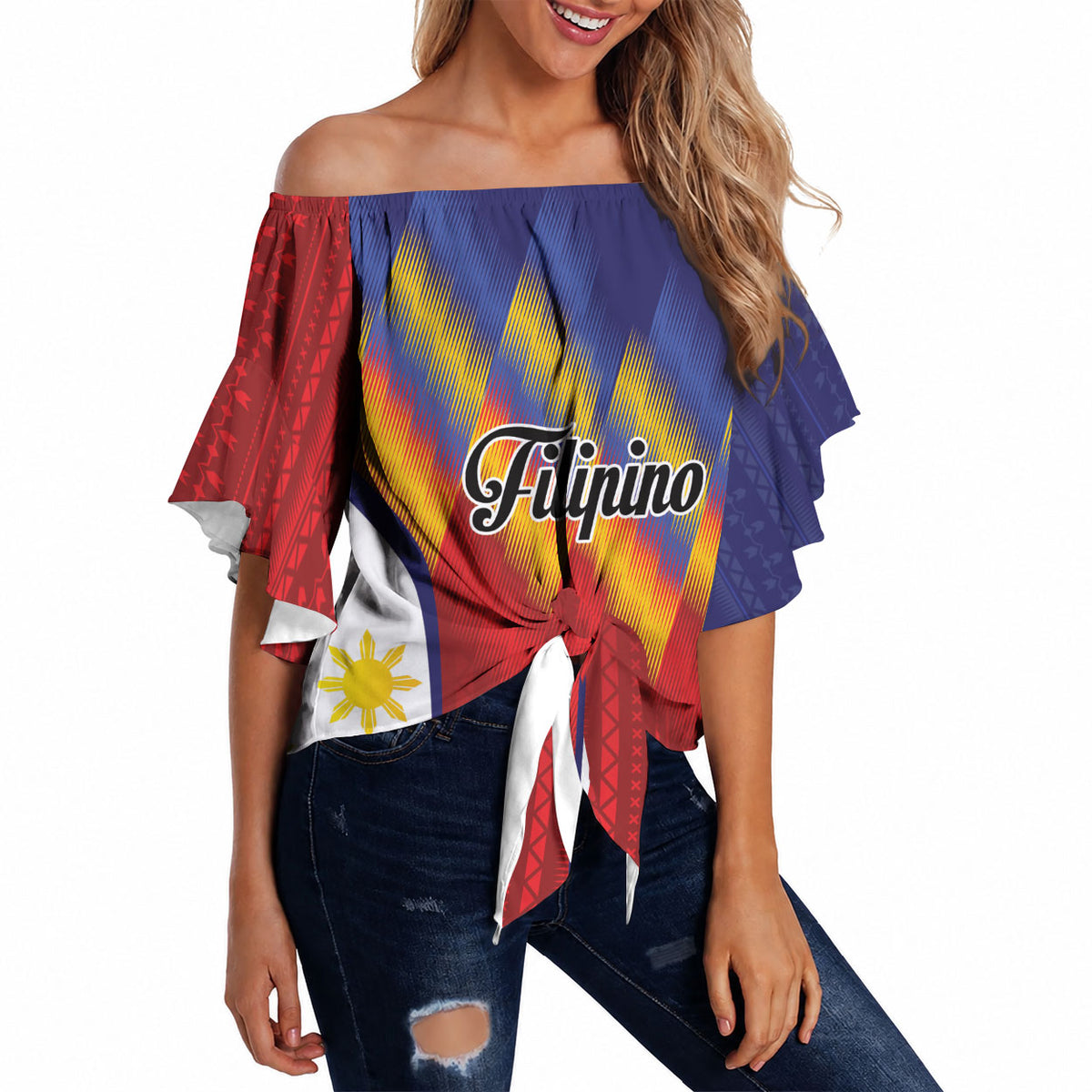 Personalized Philippines Eight Rays Sun Off Shoulder Wrap Waist Top Traditional Filipino Igorot Pattern Motif