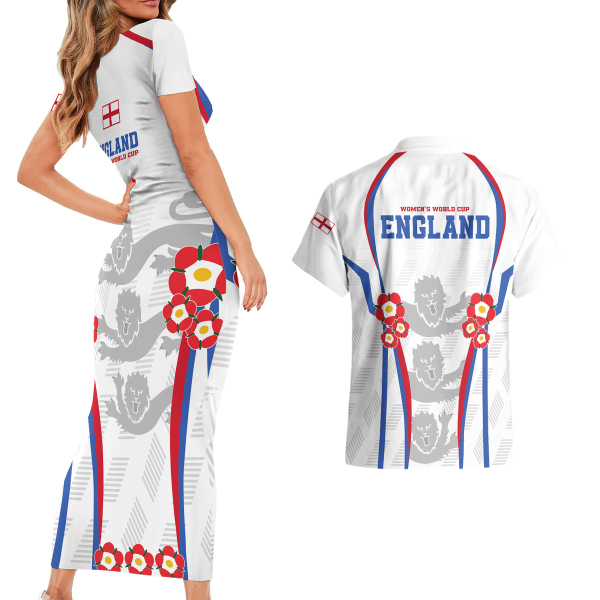England Women Football Couples Matching Short Sleeve Bodycon Dress and Hawaiian Shirt Three Lions Go World Cup 2023 LT9 - Wonder Print Shop