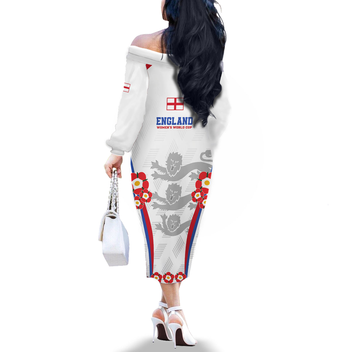 England Women Football Off The Shoulder Long Sleeve Dress Three Lions Go World Cup 2023 - Wonder Print Shop