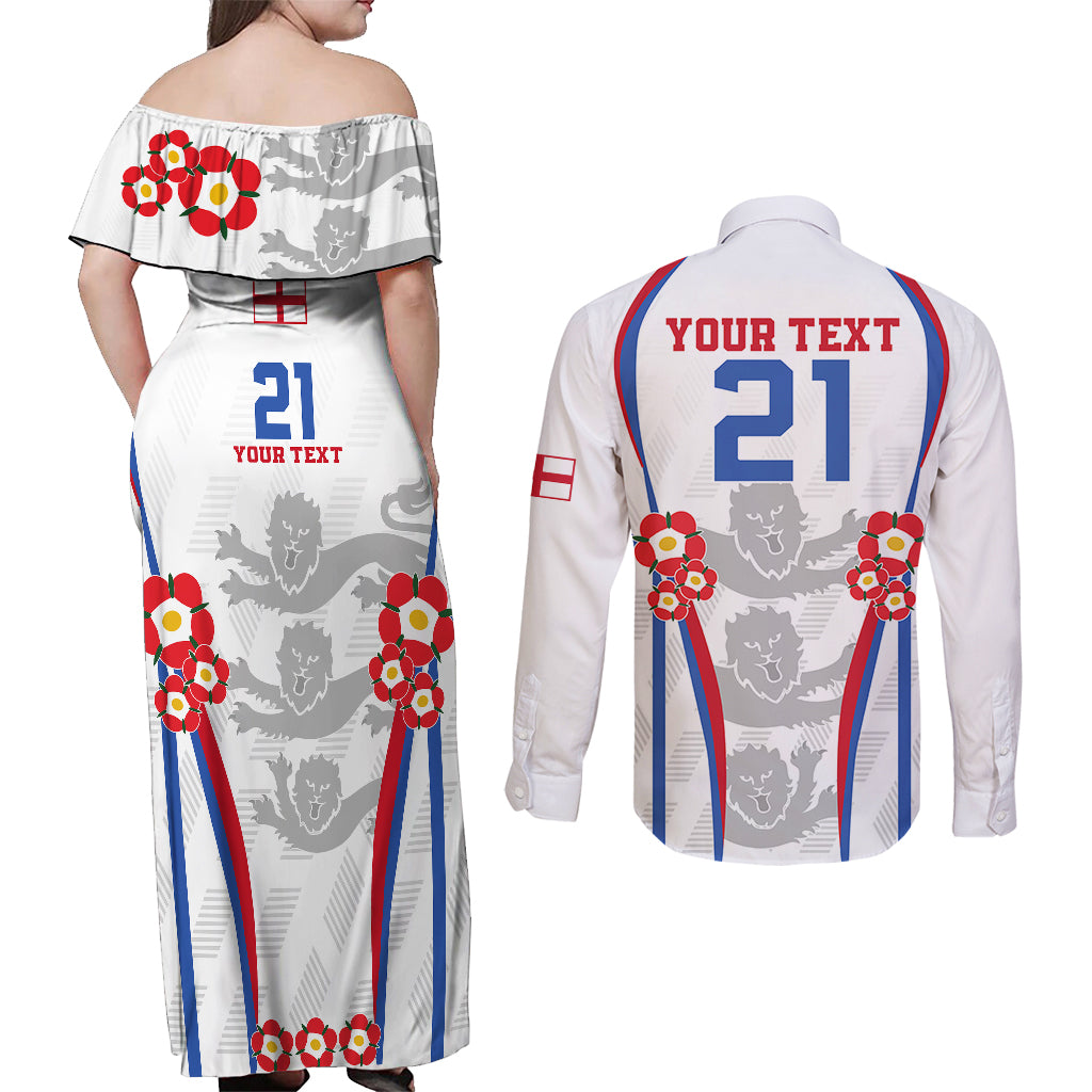 Custom England Women Football Couples Matching Off Shoulder Maxi Dress and Long Sleeve Button Shirts Three Lions Go World Cup 2023 LT9 - Wonder Print Shop