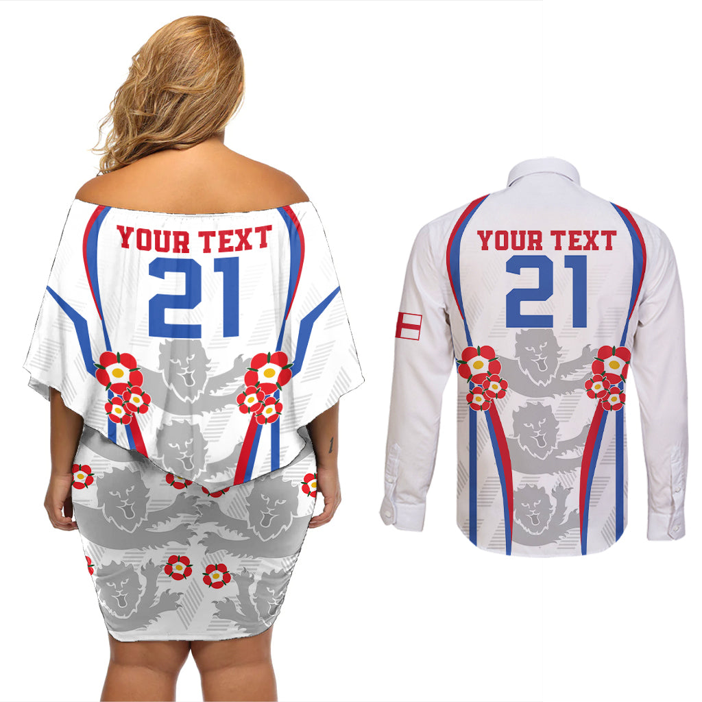 Custom England Women Football Couples Matching Off Shoulder Short Dress and Long Sleeve Button Shirts Three Lions Go World Cup 2023 LT9 - Wonder Print Shop