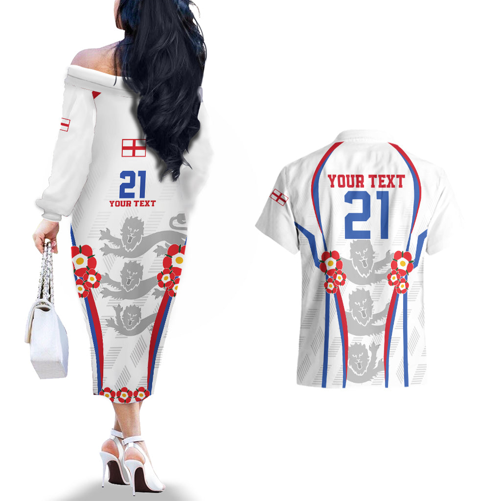 Custom England Women Football Couples Matching Off The Shoulder Long Sleeve Dress and Hawaiian Shirt Three Lions Go World Cup 2023 LT9 - Wonder Print Shop