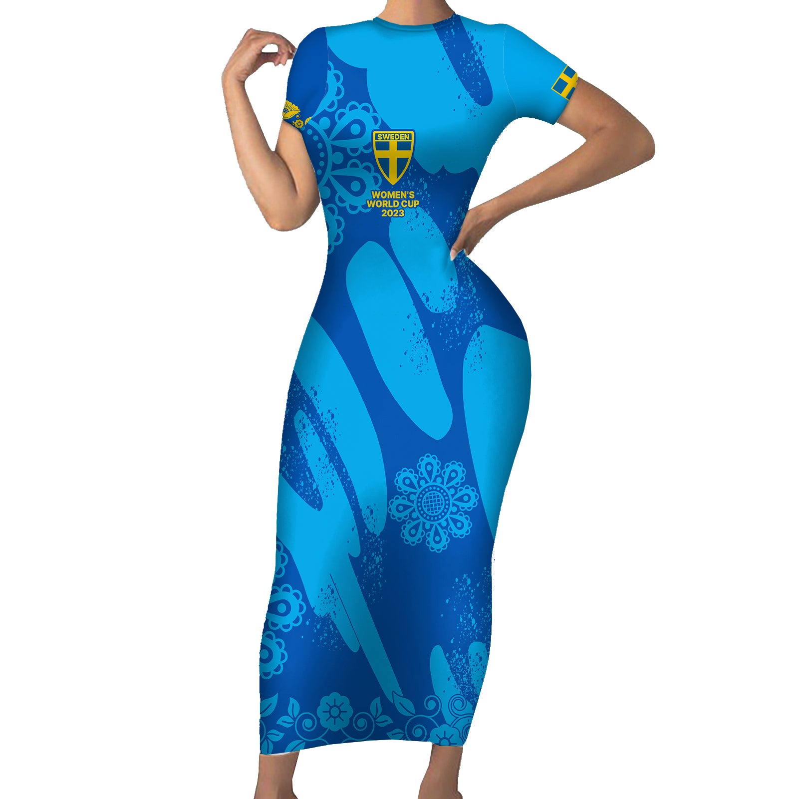 Custom Sweden Women Football Short Sleeve Bodycon Dress Blagult World Cup 2023 - Wonder Print Shop