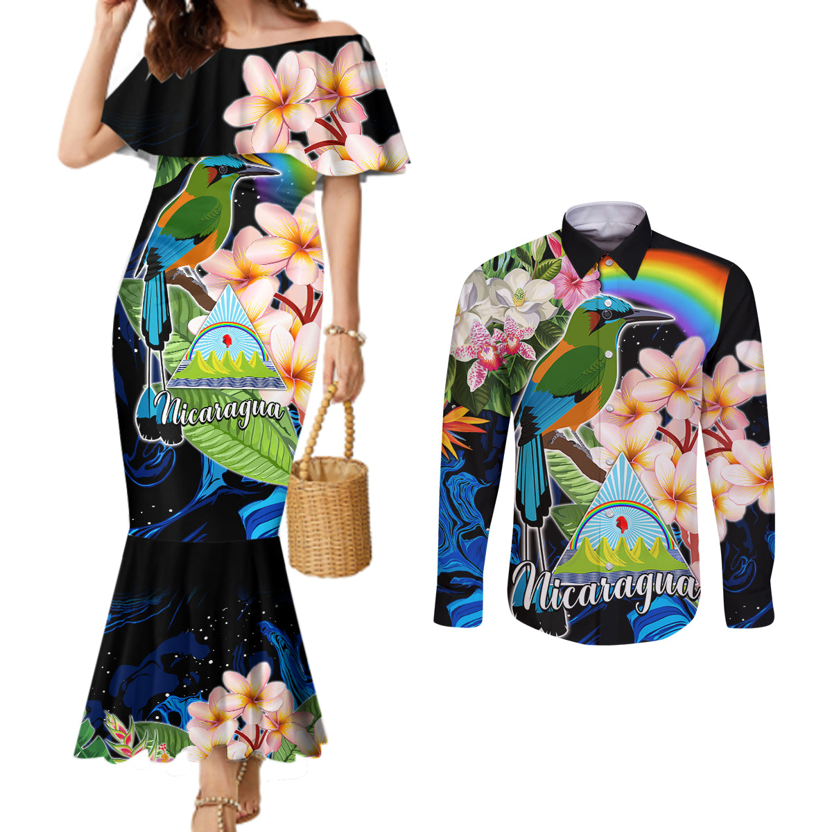 nicaragua-couples-matching-mermaid-dress-and-long-sleeve-button-shirts-guardabarranco-and-beauty-sacuanjoche-sprit