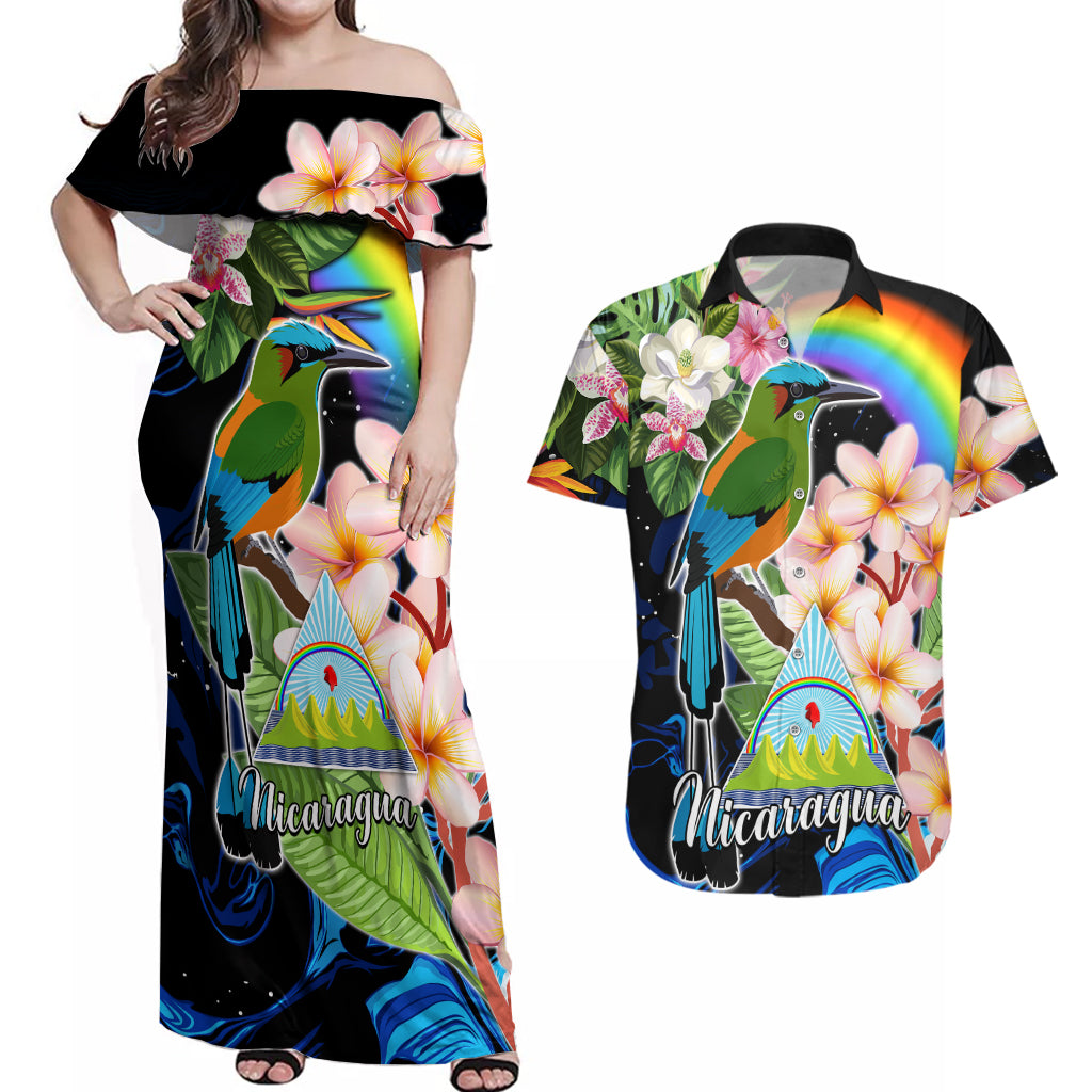 Nicaragua Couples Matching Off Shoulder Maxi Dress and Hawaiian Shirt Guardabarranco and Beauty Sacuanjoche Sprit LT9 - Wonder Print Shop