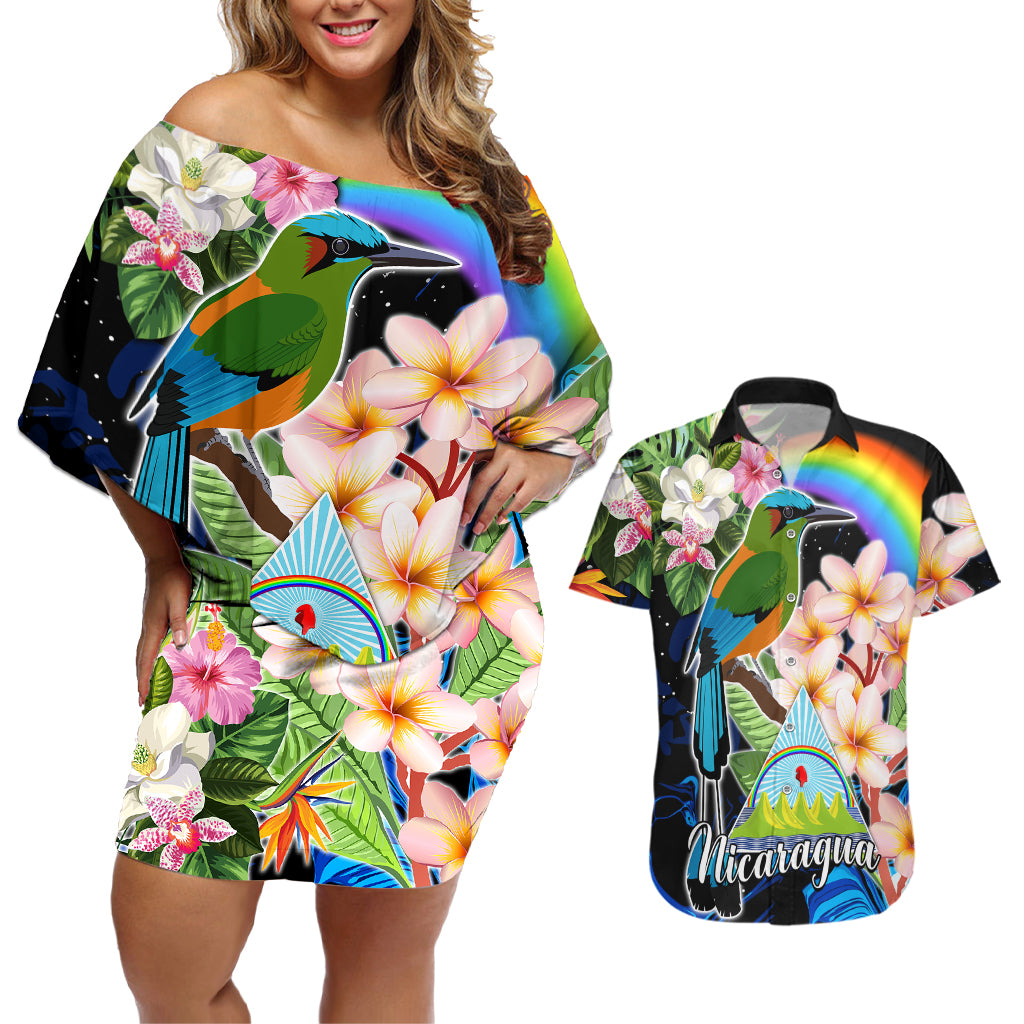 Nicaragua Couples Matching Off Shoulder Short Dress and Hawaiian Shirt Guardabarranco and Beauty Sacuanjoche Sprit LT9 - Wonder Print Shop
