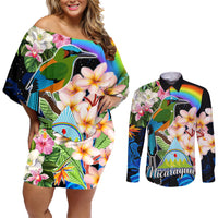 Nicaragua Couples Matching Off Shoulder Short Dress and Long Sleeve Button Shirts Guardabarranco and Beauty Sacuanjoche Sprit LT9 - Wonder Print Shop