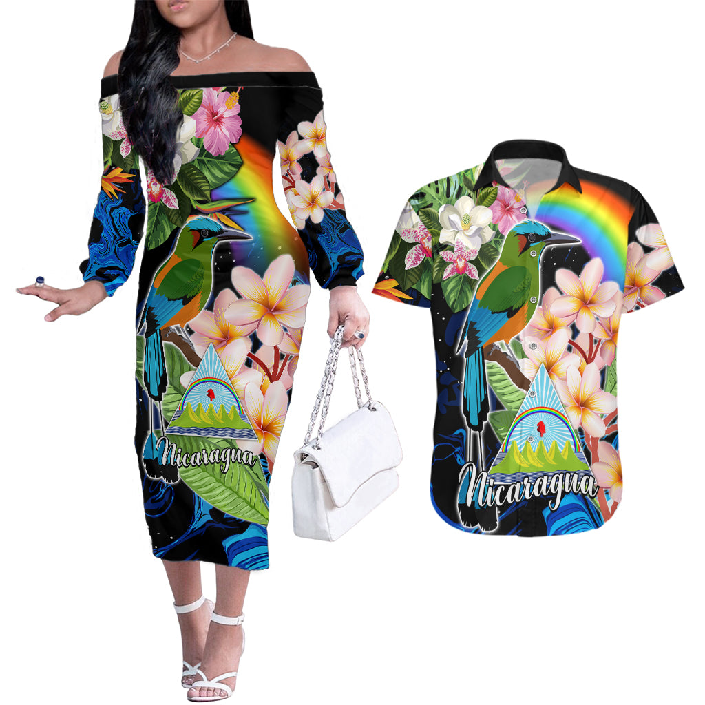 Nicaragua Couples Matching Off The Shoulder Long Sleeve Dress and Hawaiian Shirt Guardabarranco and Beauty Sacuanjoche Sprit LT9 - Wonder Print Shop
