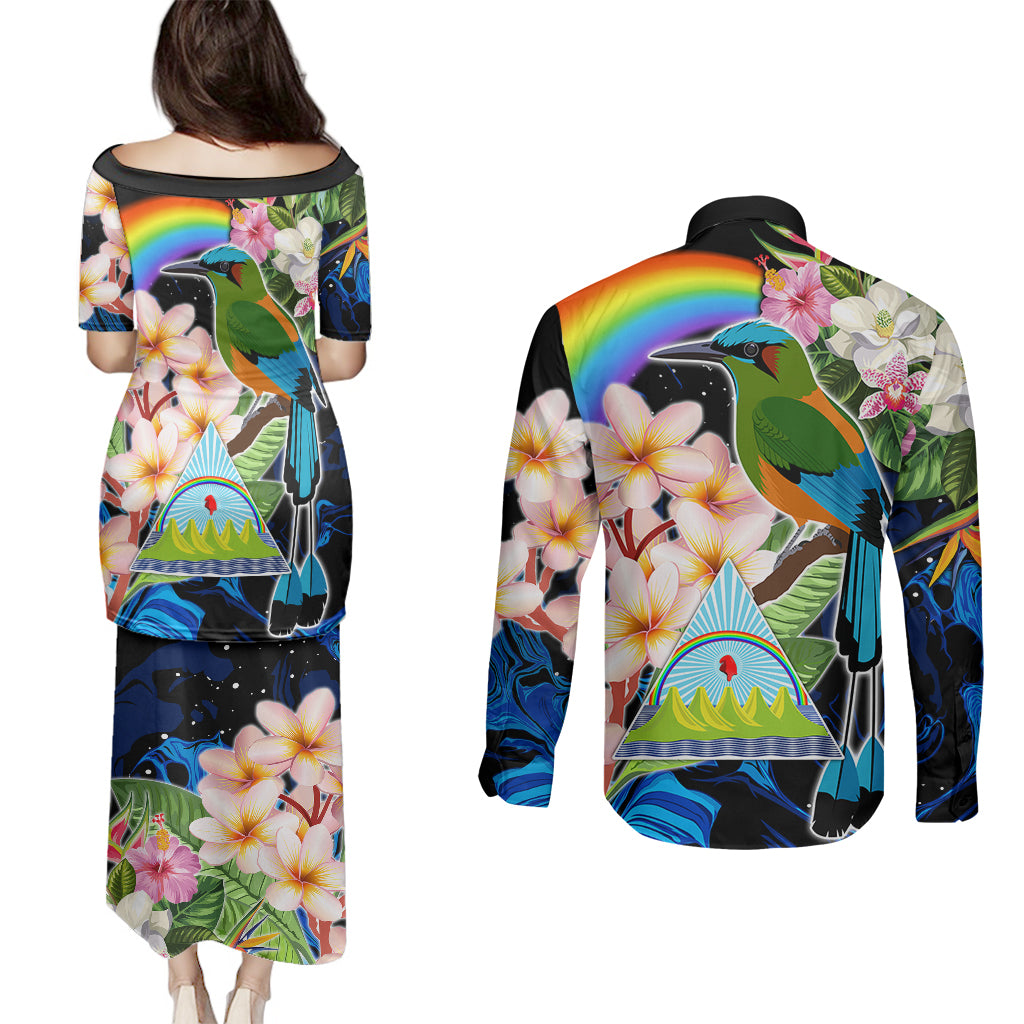 Nicaragua Couples Matching Puletasi Dress and Long Sleeve Button Shirts Guardabarranco and Beauty Sacuanjoche Sprit LT9 - Wonder Print Shop